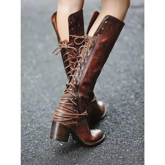 *Flawed Freebird Coal Boots Distressed Leather Tall Lace Up Western Festival 8 - Picture 1 of 16